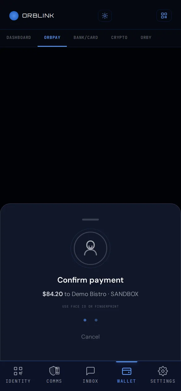 ORBLINK app: system biometric prompt — Confirm payment $84.20 to Demo Bistro