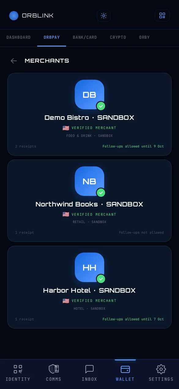 ORBPAY merchants screen