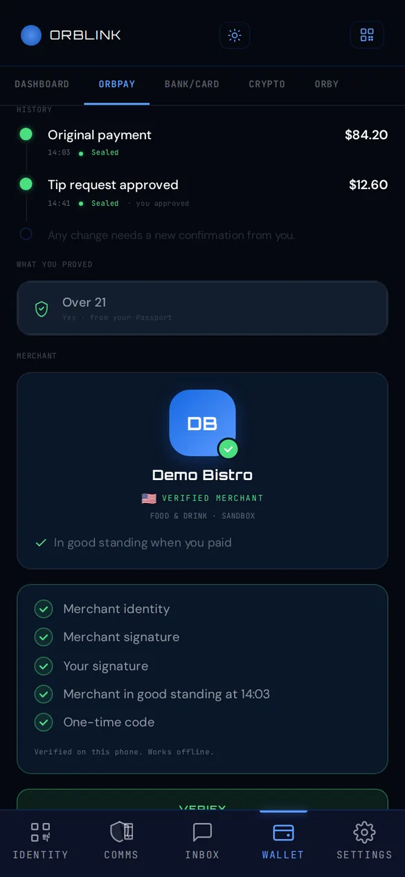 ORBPAY receipt with verification checklist